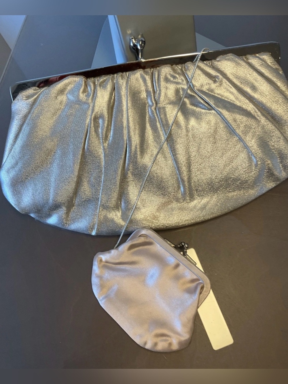Vintage Ingber Made In USA Silver Satin KISS Lock Clutch With Mini Coin